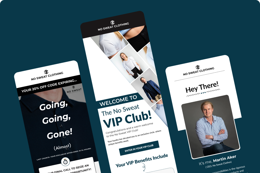 Eksempel på e-poster sendt for No Sweat Clothing med imponerende resultater, inkludert økning i omsetning, inviterer til å utforske suksesshistorien.
